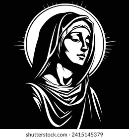 Nuestra Virgen María Madre de Jesús, Santa María, madonna, ilustración vectorial, negro sobre fondo blanco, imprimible, adecuado para logotipo, signo, tatuaje, corte láser, pegatina y otras impresiones a petición	