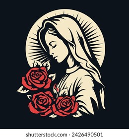 Our Lady Virgin Mary Mother of Jesus with roses, Holy Mary, madonna, vector illustration, printable, suitable for logo, sign, tattoo, laser cutting, sticker and other print on demand	