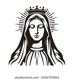 Virgen María Madre de Jesús, Santa María, madonna, ilustración vectorial, negro sobre fondo blanco, imprimible, adecuado para logotipo, signo, tatuaje, corte por láser, pegatina y otra impresión a pedido	