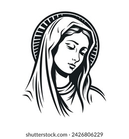 Our Lady Virgin Mary Mother of Jesus, Holy Mary, madonna, vector illustration, black on white background, printable, suitable for logo, sign, tattoo, laser cutting, sticker and other print on demand	