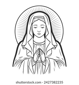 Our Lady Virgin Mary Mother of Jesus, Holy Mary, madonna, vector illustration, black on white background, printable, suitable for logo, sign, tattoo, laser cutting, sticker and other print on demand	