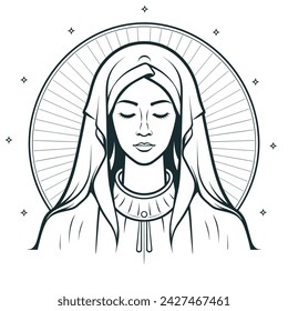 Our Lady Virgin Mary Mother of Jesus, Holy Mary, madonna, vector illustration, black on white background, printable, suitable for logo, sign, tattoo, laser cutting, sticker and other print on demand	