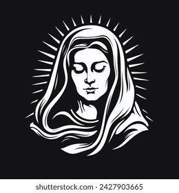 Our Lady Virgin Mary Mother of Jesus, Holy Mary, madonna, vector illustration, black and white, printable, suitable for logo, sign, tattoo, laser cutting, sticker and other print on demand	