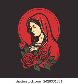 Our Lady Virgin Mary Mother of Jesus with roses, Holy Mary, madonna, vector illustration, printable, suitable for logo, sign, tattoo, laser cutting, sticker and other print on demand	