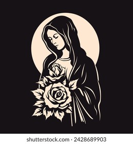 Our Lady Virgin Mary Mother of Jesus with roses, Holy Mary, madonna, vector illustration, printable, suitable for logo, sign, tattoo, laser cutting, sticker and other print on demand	