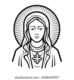 Unsere Lady Jungfrau Maria Mutter von Jesus, Heilige Maria, Madonna, Vektor-Illustration, schwarz auf weißem Hintergrund, bedruckbar, geeignet für Logo, Zeichen, Tattoo, Laserschneiden, Aufkleber und andere Druck auf Anfrage	