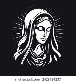 Our Lady Virgin Mary Mother of Jesus, Holy Mary, madonna, vector illustration, black and white, printable, suitable for logo, sign, tattoo, laser cutting, sticker and other print on demand	