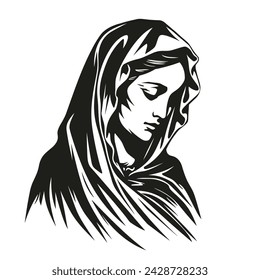 Our Lady Virgin Mary Mother of Jesus, Holy Mary, madonna, vector illustration, black on white background, printable, suitable for logo, sign, tattoo, laser cutting, sticker and other print on demand	
