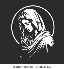 Our Lady Virgin Mary Mother of Jesus, Holy Mary, madonna, vector illustration, black and white, printable, suitable for logo, sign, tattoo, laser cutting, sticker and other print on demand	