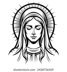 Our Lady Virgin Mary Mother of Jesus, Holy Mary, madonna, vector illustration, black on white background, printable, suitable for logo, sign, tattoo, laser cutting, sticker and other print on demand	