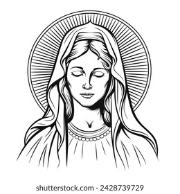 Unsere Lady Jungfrau Maria Mutter von Jesus, Heilige Maria, Madonna, Vektor-Illustration, schwarz auf weißem Hintergrund, bedruckbar, geeignet für Logo, Zeichen, Tattoo, Laserschneiden, Aufkleber und andere Druck auf Anfrage	