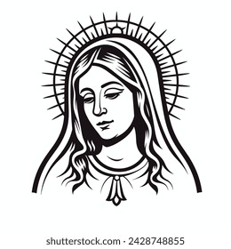 Unsere Lady Jungfrau Maria Mutter von Jesus, Heilige Maria, Madonna, Vektor-Illustration, schwarz auf weißem Hintergrund, bedruckbar, geeignet für Logo, Zeichen, Tattoo, Laserschneiden, Aufkleber und andere Druck auf Anfrage	