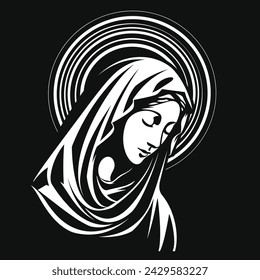 Our Lady Virgin Mary Mother of Jesus, Holy Mary, madonna, vector illustration, white on black background, printable, suitable for logo, sign, tattoo, laser cutting, sticker and other print on demand	