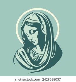 Virgen María Madre de Jesús, Santa María, madonna, ilustración vectorial, fondo turquesa, imprimible, adecuado para logotipo, signo, tatuaje, corte por láser, pegatina y otra impresión a pedido	