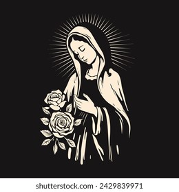 Unsere Lady Jungfrau Maria Mutter von Jesus, Heilige Maria, Madonna, Vektor-Illustration, mit Rosen, schwarzer Hintergrund, bedruckbar, geeignet für Logo, Zeichen, Tätowierung, Laserschneiden, Aufkleber, andere Druck auf Anfrage	