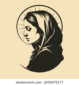 Our Lady Virgin Mary Mother of Jesus, Holy Mary, madonna, vector illustration, black on beige background, printable, suitable for logo, sign, tattoo, laser cutting, sticker and other print on demand	