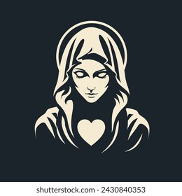 Our Lady Virgin Mary Mother of Jesus, Holy Mary, madonna, vector illustration, beige on black background, printable, suitable for logo, sign, tattoo, laser cutting, sticker and other print on demand	