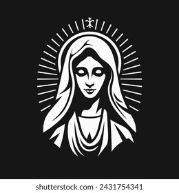 Unsere Lady Jungfrau Maria Mutter von Jesus, Heilige Maria, Madonna, Vektor-Illustration, schwarz auf weißem Hintergrund, bedruckbar, geeignet für Logo, Zeichen, Tattoo, Laserschneiden, Aufkleber und andere Druck auf Anfrage	