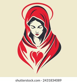 Our Lady Virgin Mary Mother of Jesus, Holy Mary, madonna, vector illustration, with heart, in red on beige background, printable, suitable for logo, sign, tattoo, laser cutting, sticker