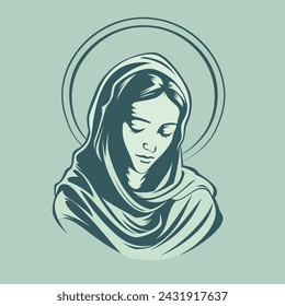 Our Lady Virgin Mary Mother of Jesus, Holy Mary, madonna, vector illustration, turquoise background, printable, suitable for logo, sign, tattoo, laser cutting, sticker and other print on demand	