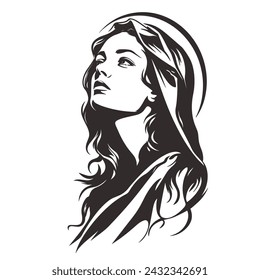 Our Lady Virgin Mary Mother of Jesus, Holy Mary, madonna, vector illustration, black on white background, printable, suitable for logo, sign, tattoo, laser cutting, sticker and other print on demand	