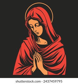 Unsere Lady Jungfrau Maria Mutter von Jesus, Heilige Maria, Madonna, Vektor-Illustration, in rot auf schwarzem Hintergrund, bedruckbar, geeignet für Logo, Zeichen, Tattoo, Laserschneiden, Aufkleber und andere Druck auf Anfrage	