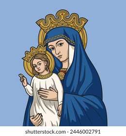 Our Lady Virgin Mary Mother of the Church with Baby Jesus Colored Vector Illustration