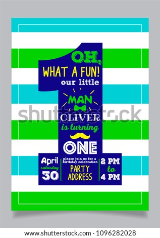 Our little man one year boy birthday party vector invitation card