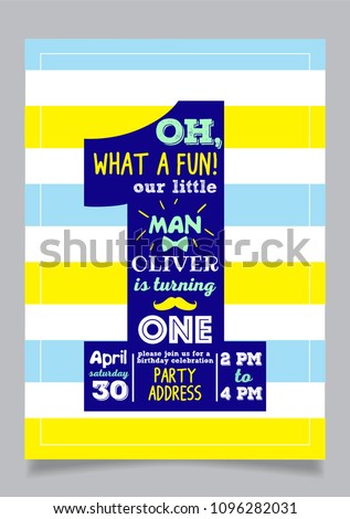 Our little man one year boy birthday party vector invitation card