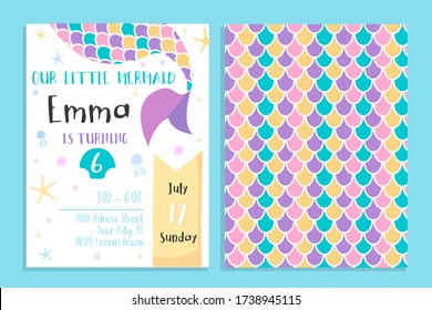 Our little mermaid birthday party invitation vector illustration. Bright and colourful decoration for child event flat style. Celebration address. Isolated on blue background