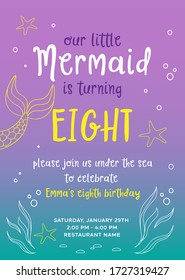 Our little mermaid is turning eight, birthday party vector invitation card.