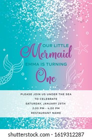 Our little mermaid is turning one, birthday party vector invitation card