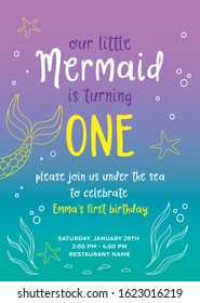 Our little mermaid is turning one, birthday party vector invitation card.