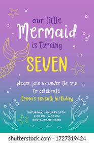 Our little mermaid is turning seven, birthday party vector invitation card.