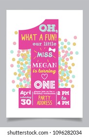 Our little miss is turning one, birthday party vector invitation card