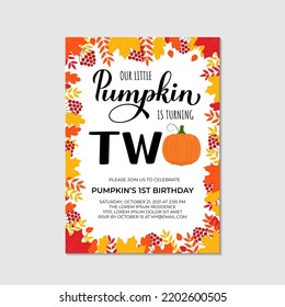 Our Little Pumpkin is turning two. Baby second birthday invitation card. Autumn birthday party. Vector template.
