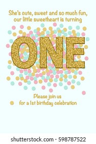 Our little sweetheart is turning One.  Birthday card light blue with confetti and gold glitter. Please join us.