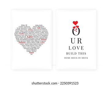 Our love build this home brick by birck, vector. Wording design, lettering. Scandinavian minimalist poster design, two pieces art design, wall artwork decor, wall decals. Romantic love quotes