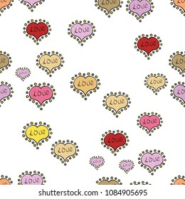 Our love is magic. Love card. Cartoon hearts love on white, black and neutral colors on cute background. Seamless pattern with hearts. Vector illustration.