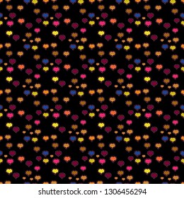 Our love is magic. Love card. Vector illustration. Seamless pattern with hearts. Cartoon hearts love on purple, yellow and black colors on cute background.