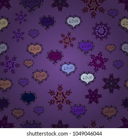 Our love is magic. Vector illustration. Cartoon hearts love on violet, black and brown colors on cute background. Love card. Seamless pattern with hearts.