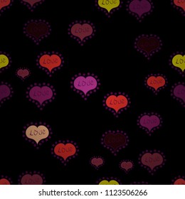 Our love is magic. Vector illustration. Cartoon hearts love on black, purple and red colors on cute background. Love card. Seamless pattern with hearts.