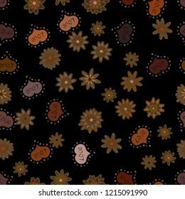 Our love is magic. Vector illustration. Cartoon hearts love on black, brown and purple colors on cute background. Love card. Seamless pattern with hearts.