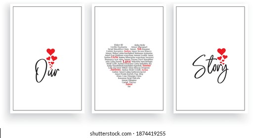Our love story, vector. Wording design, lettering. Scandinavian minimalist poster design, three pieces art design, wall artwork decor, wall decals. Romantic love quotes