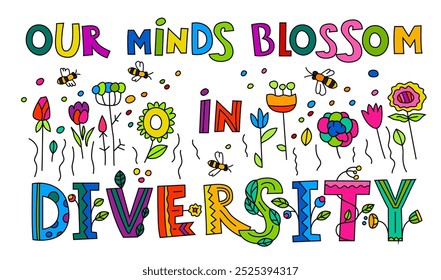 Our minds blossom in diversity. Embrace neurodiversity. Neurodivergence concept. Neurodivergent human experiences. Colorful landscape poster, banner. Vector illustration with creative lettering.
