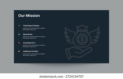 Our mission slide presentation template with clean and professional design. Ideal for presenting company mission statements, organizational purpose, core values, and long-term vision in corporate, business, and professional presentations.