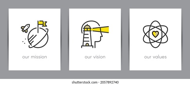 Our mission, our vision and our values. Business concept. Web page template. Metaphors with icons such as rocket landing, lighthouse and core values