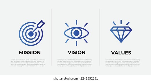 Our mission, our vision and our values. Business concept. Web page template. target as a mission icon, eye as a vision icon.