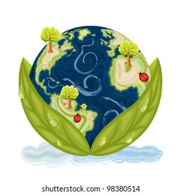 Our planet Earth inside green leaves with drops of water. Preservation of Nature. Vector file saved as EPS AI8, no effects, all elements layered, easy edit and print.