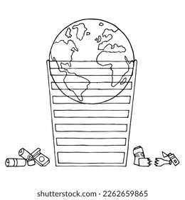 Our Planet Earth is in the trash can. Pollution of planet Earth. The problem of waste disposal and removal. Environmental problems. Hand Drawn. Freehand drawing. Doodle. Sketch. Outline.